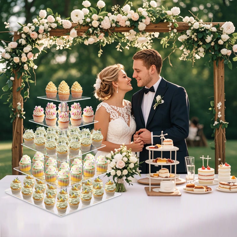 weddingwish حامل كعك أكريليك 5 طبقات من ويدينغ ويش، برج كعك شفاف لحوالي 50 كعكة، حامل عرض الحلويات لحفلات الزفاف وأعياد الميلاد - Image 4